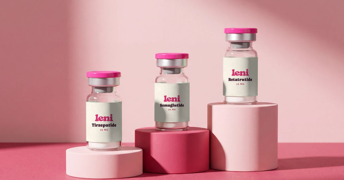 Three Leni vials — Tirzepatide, Semaglutide and Retatrutide — on stepped blush and raspberry plinths.